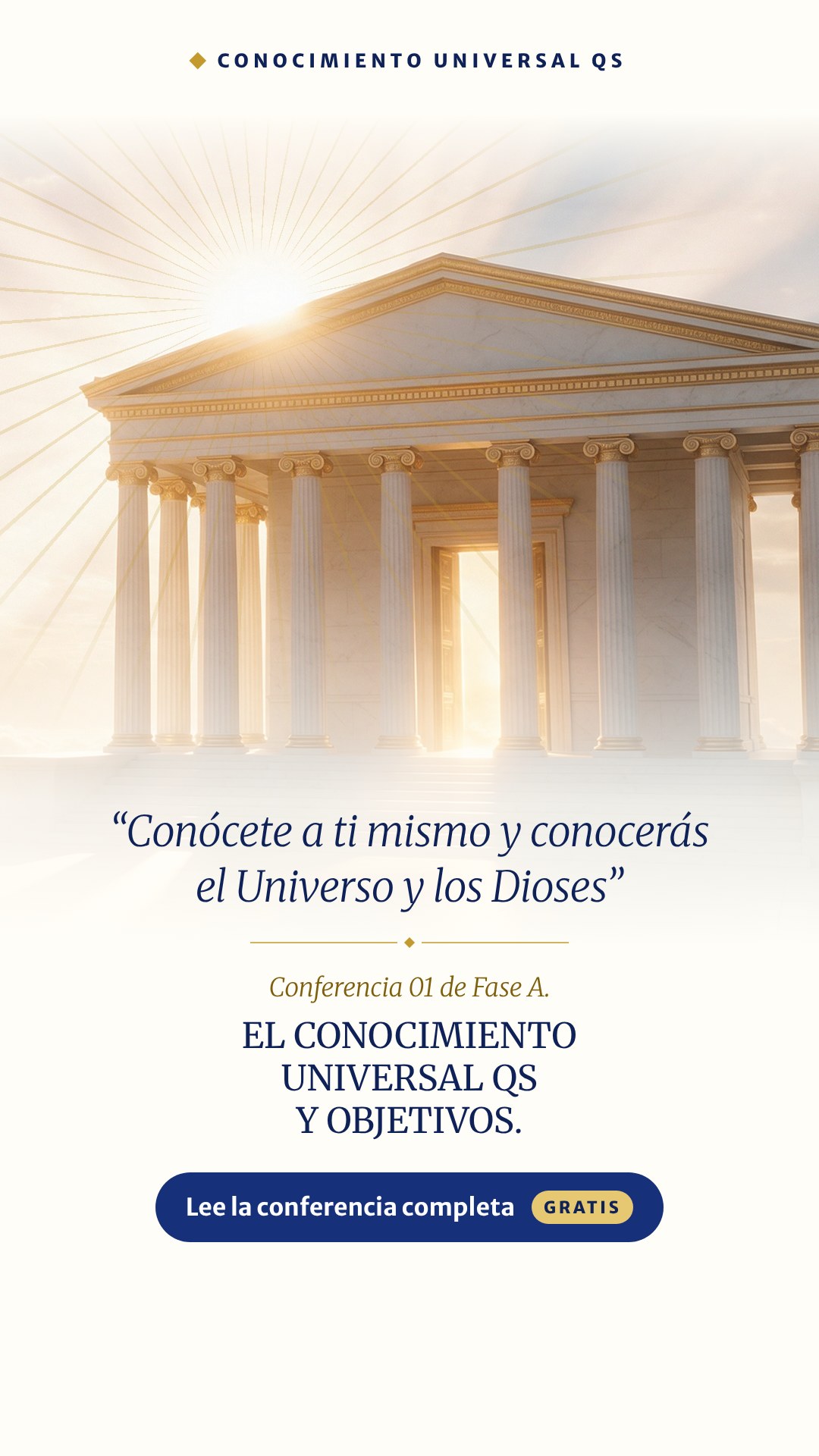 Imagen para tu estado: el templo, la frase “Conócete a ti mismo y conocerás el Universo y los Dioses” y el título de la conferencia.