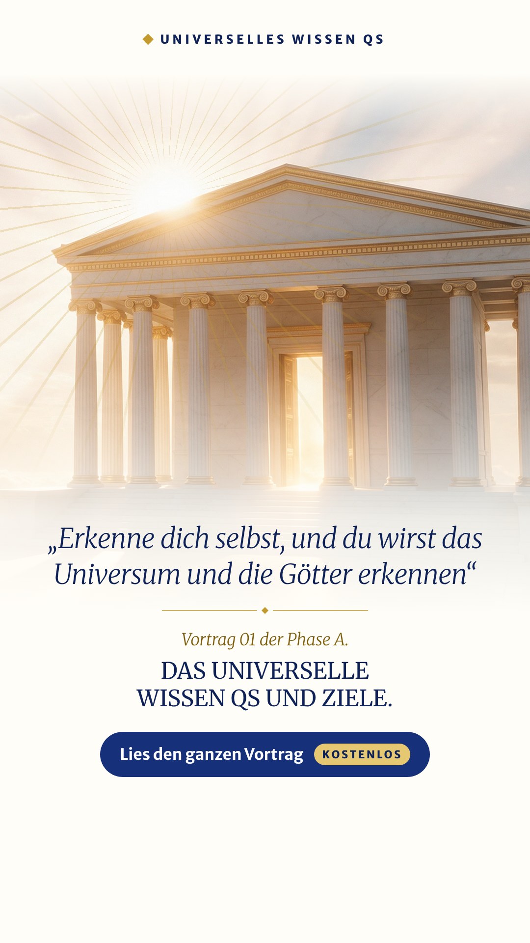 Bild für deinen Status: der Tempel, der Spruch „Erkenne dich selbst, und du wirst das Universum und die Götter erkennen“ und der Titel des Vortrags.
