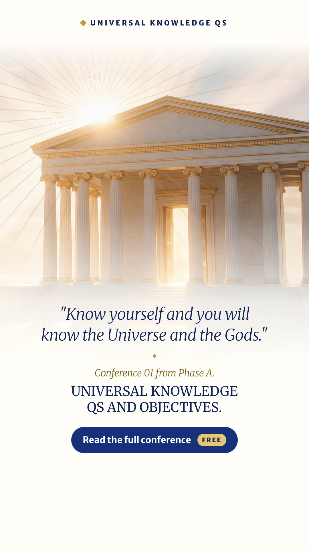 Imagen para tu estado: el templo, la frase "Know yourself and you will know the Universe and the Gods." y el título de la conferencia.